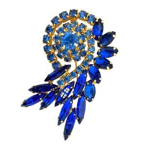 Vintage Juliana Style Blue Rhinestone Brooch Swirl Spray Unsigned D&E 50s